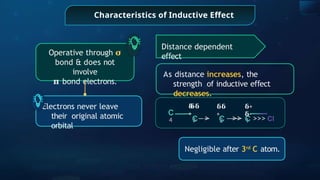 Characteristics of Inductive Effect
Operative through 𝛔
bond & does not
involve
𝛑 bond electrons.
Electrons never leave
their original atomic
orbital
Negligible after 3rd
C atom.
As distance increases, the
strength of inductive e ect
ﬀ
decreases.
1
2
3
C
4 C > C >> C >>> Cl
𝛅
𝛅𝛅
+
𝛅𝛅
+
𝛅+
𝛅-
Distance dependent
e ect
ﬀ
 