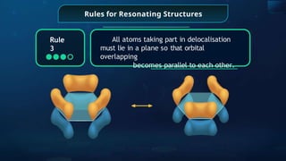 Rules for Resonating Structures
All atoms taking part in delocalisation
must lie in a plane so that orbital
overlapping
becomes parallel to each other.
Rule
3
 