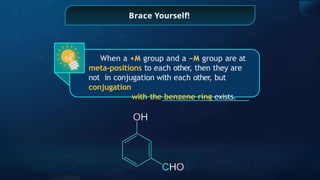 Brace Yourself!
When a +M group and a −M group are at
meta-positions to each other, then they are
not in conjugation with each other, but
conjugation
with the benzene ring exists.
 