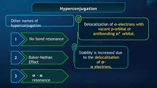 Hyperconjugation
Delocalization of 𝛔-electrons with
vacant p-orbital or
antibonding 𝛑* orbital.
Other names of
hyperconjugation
No bond resonance
1
2
3 𝛔 - 𝛑
resonance
Baker-Nathan
E ect
ﬀ
Stability is increased due
to the delocalization
of 𝞂-
𝛑 electrons.
 