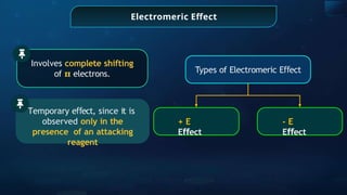 Electromeric Effect
Involves complete shifting
of 𝛑 electrons.
Temporary e ect,
ﬀ since it is
observed only in the
presence of an attacking
reagent
Types of Electromeric E ect
ﬀ
+ E
E ect
ﬀ
- E
E ect
ﬀ
 