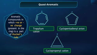 Quasi-Aromatic
Aromatic
compounds in
which +ve or -
ve charge
(present in the
ring) is a part
of Huckel’s
rule
+
Tropylium
cation
Cyclopentadienyl anion
−
+
Cyclopropenyl cation
 