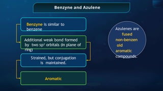 Benzyne and Azulene
Benzyne is similar to
benzene
Additional weak bond formed
by two sp2
orbitals (in plane of
ring)
Strained, but conjugation
is maintained.
Aromatic
Azulenes are
fused
non-benzen
oid
aromatic
compounds.
 