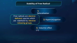 Stability of Free Radical
1)
Delocalisation
3) Inductive e ect
ﬀ
(+I)
2) Hyperconjugation
Free radicals are electron
deﬁcient species which
are stabilized by electron
releasing groups.
 