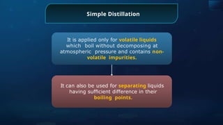 Simple Distillation
It is applied only for volatile liquids
which boil without decomposing at
atmospheric pressure and contains non-
volatile impurities.
It can also be used for separating liquids
having sufﬁcient difference in their
boiling points.
 