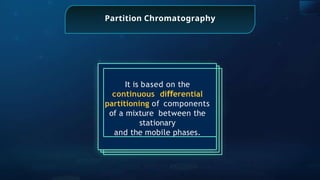 Partition Chromatography
It is based on the
continuous diﬀerential
partitioning of components
of a mixture between the
stationary
and the mobile phases.
 