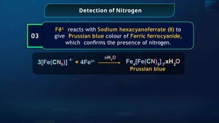 Detection of Nitrogen
6 4 6 3 2
Fe [Fe(CN) ] .xH O
3[Fe(CN )]
4-
+ 4Fe3+
xH2
O
Prussian blue
03
Fe3
reacts with Sodium hexacyanoferrate (II) to
give Prussian blue colour of Ferric ferrocyanide,
which conﬁrms the presence of nitrogen.
 