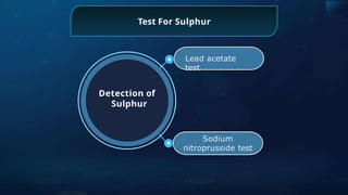 Test For Sulphur
Lead acetate
test
Sodium
nitroprusside test
Detection of
Sulphur
 