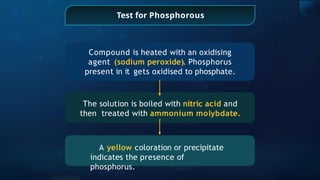 Test for Phosphorous
Compound is heated with an oxidising
agent (sodium peroxide). Phosphorus
present in it gets oxidised to phosphate.
The solution is boiled with nitric acid and
then treated with ammonium molybdate.
A yellow coloration or precipitate
indicates the presence of
phosphorus.
 