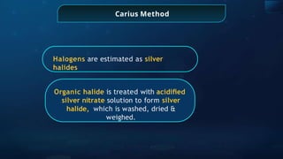 Halogens are estimated as silver
halides
Organic halide is treated with acidiﬁed
silver nitrate solution to form silver
halide, which is washed, dried &
weighed.
Carius Method
 