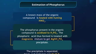 A known mass of the organic
compound is heated with fuming
HNO3
.
The phosphorus present in the organic
compound is oxidised to H3
PO4
. The
phosphoric acid thus formed is treated with
magnesia mixture to get MgNH4
PO4
precipitate.
The precipitate is separated,
Estimation of Phosphorus
 