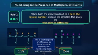 When both the directions lead to a tie in the
lowest number, choose the direction that gives
the
ﬁrst point of di erence
ﬀ
Rule 2
Numbering in the Presence of Multiple Substituents
2,2,4 2,4,4
This is the first point
of difference as
from both the
direction, the
numbering starts
with same number
(2)
 