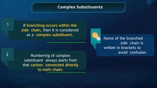 1 If branching occurs within the
side chain, then it is considered
as a complex substituent.
2 Numbering of complex
substituent always starts from
that carbon connected directly
to main chain.
Complex Substituents
Name of the branched
side chain is
written in brackets to
avoid confusion.
 