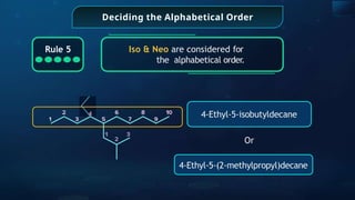 Deciding the Alphabetical Order
Iso & Neo are considered for
the alphabetical order.
Rule 5
4 4-Ethyl-5-isobutyldecane
Or
4-Ethyl-5-(2-methylpropyl)decane
 