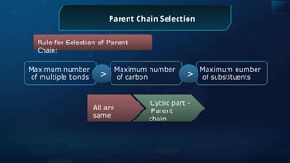 Parent Chain Selection
All are
same
Cyclic part -
Parent
chain
Maximum number
of multiple bonds
Maximum number
of carbon
Maximum number
of substituents
>
>
Rule for Selection of Parent
Chain:
 