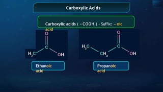 Ethanoic
acid
Propanoic
acid
Carboxylic Acids
Carboxylic acids ( − COOH ) - Su x:
ﬃ − oic
acid
 