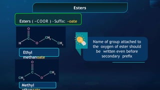 Esters
Ethyl
methanoate
Methyl
Esters ( −COOR ) - Su x:
ﬃ −oate
Name of group attached to
the oxygen of ester should
be written even before
secondary preﬁx
 