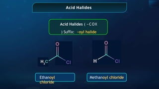 Ethanoyl
chloride
Methanoyl chloride
Acid Halides
Acid Halides ( −COX
) Su x:
ﬃ −oyl halide
 
