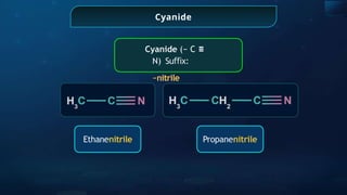 Ethanenitrile Propanenitrile
Cyanide
Cyanide (− C ≡
N) Su x:
ﬃ
−nitrile
 