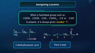 Assigning Locants
When a functional group such as
– COOH, –COOR, –COX, –CONH2
, –CN or – CHO
is present, it is always given number ‘1’.
2-Methylbutanoic acid Pent-3-ynal
O
1 COOH
4 3 2
CH3
CH2
CH
CH3
C CH2
C H
3 2 1
CH3
C
4
5
 