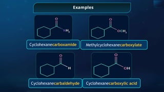 Examples
Cyclohexanecarboxamide Methylcyclohexanecarboxylate
Cyclohexanecarbaldehyde Cyclohexanecarboxylic acid
 