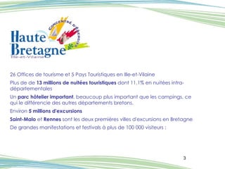 26 Offices de tourisme et 5 Pays Touristiques en Ille-et-Vilaine Plus de de  13 millions de nuitées touristiques  dont 11,1% en nuitées intra-départementales Un  parc hôtelier   important , beaucoup plus important que les campings, ce qui le différencie des autres départements bretons. Environ  5 millions d'excursions   Saint-Malo  et  Rennes  sont les deux premières villes d'excursions en Bretagne De grandes manifestations et festivals à plus de 100 000 visiteurs : 