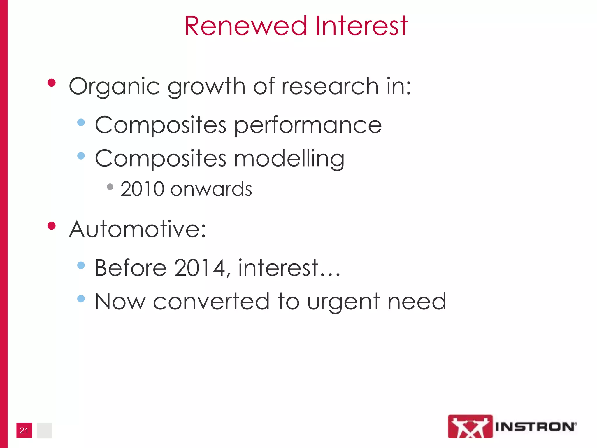 21
Renewed Interest
• Organic growth of research in:
• Composites performance
• Composites modelling
• 2010 onwards
• Automotive:
• Before 2014, interest…
• Now converted to urgent need
 
