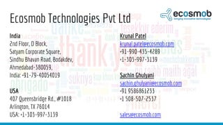 Ecosmob Technologies Pvt Ltd
India
2nd Floor, D Block,
Satyam Corporate Square,
Sindhu Bhavan Road, Bodakdev,
Ahmedabad-380059,
India: +91-79-40054019
USA
407 Queensbridge Rd., #1018
Arlington, TX 76014
USA: +1-303-997-3139
Krunal Patel
krunal.patel@ecosmob.com
+91-990-435-4289
+1-303-997-3139
Sachin Ghulyani
sachin.ghulyani@ecosmob.com
+91 9586861233
+1 508-507-2537
sales@ecosmob.com
 