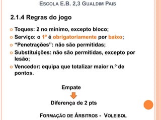 ESCOLA E.B. 2,3 GUALDIM PAIS
 Toques: 2 no mínimo, excepto bloco;
 Serviço: o 1º é obrigatoriamente por baixo;
 “Penetrações”: não são permitidas;
 Substituições: não são permitidas, excepto por
lesão;
 Vencedor: equipa que totalizar maior n.º de
pontos.
Empate
Diferença de 2 pts
2.1.4 Regras do jogo
FORMAÇÃO DE ÁRBITROS - VOLEIBOL
 