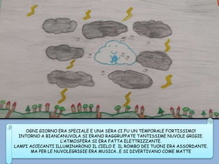 OGNI GIORNO ERA SPECIALE E UNA SERA CI FU UN TEMPORALE FORTISSIMO!
INTORNO A BIANCANUVOLA SI ERANO RAGGRUPPATE TANTISSIME NUVOLE GRIGIE.
L’ATMOSFERA SI ERA FATTA ELETTRIZZANTE.
LAMPI ACCECANTI ILLUMINARONO IL CIELO E IL ROMBO DEI TUONI ERA ASSORDANTE.
MA PER LE NUVOLEGRIGIE ERA MUSICA…E SI DIVERTIVANO COME MATTE
 