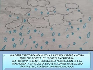 MA OGNI TANTO BIANCANUVOLA LASCIAVA CADERE ANCORA
QUALCHE GOCCIA DI PIOGGIA IMPROVVISA.
MA FORTUNATAMENTE GOCCIALINA ANCORA NON SI ERA
TRASFORMATA IN PIOGGIA E POTEVA CONTINUARE IL SUO
FANTASTICO VIAGGIO CON BIANCANUVOLA
 