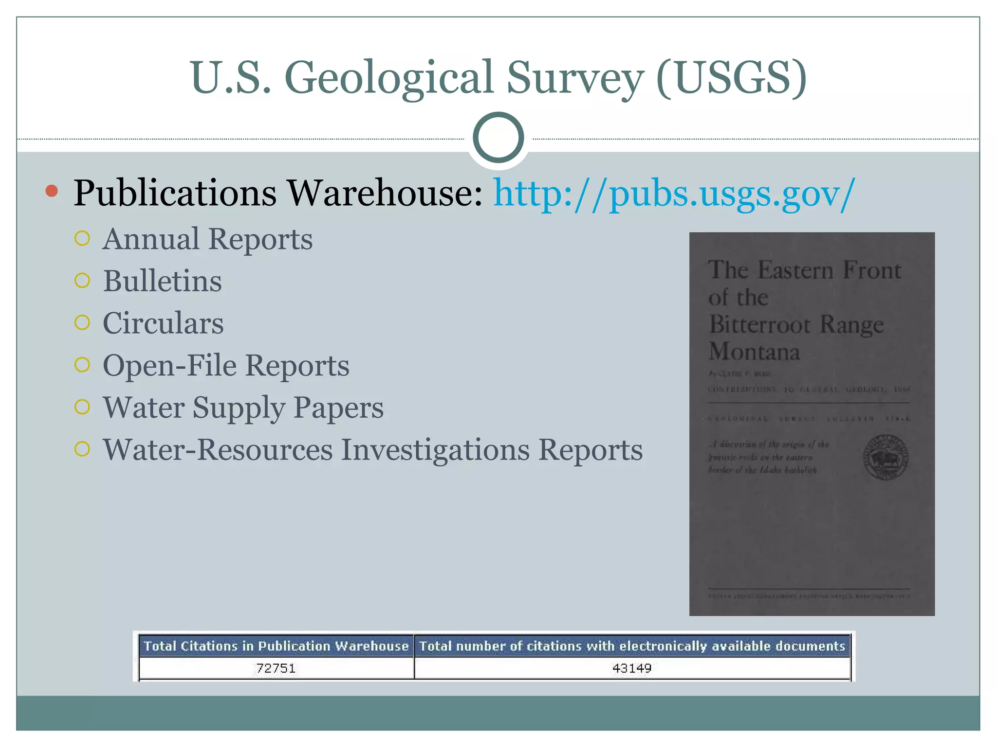 U.S. Geological Survey (USGS) Publications Warehouse:  http://pubs.usgs.gov/   Annual Reports Bulletins Circulars Open-File Reports Water Supply Papers Water-Resources Investigations Reports 
