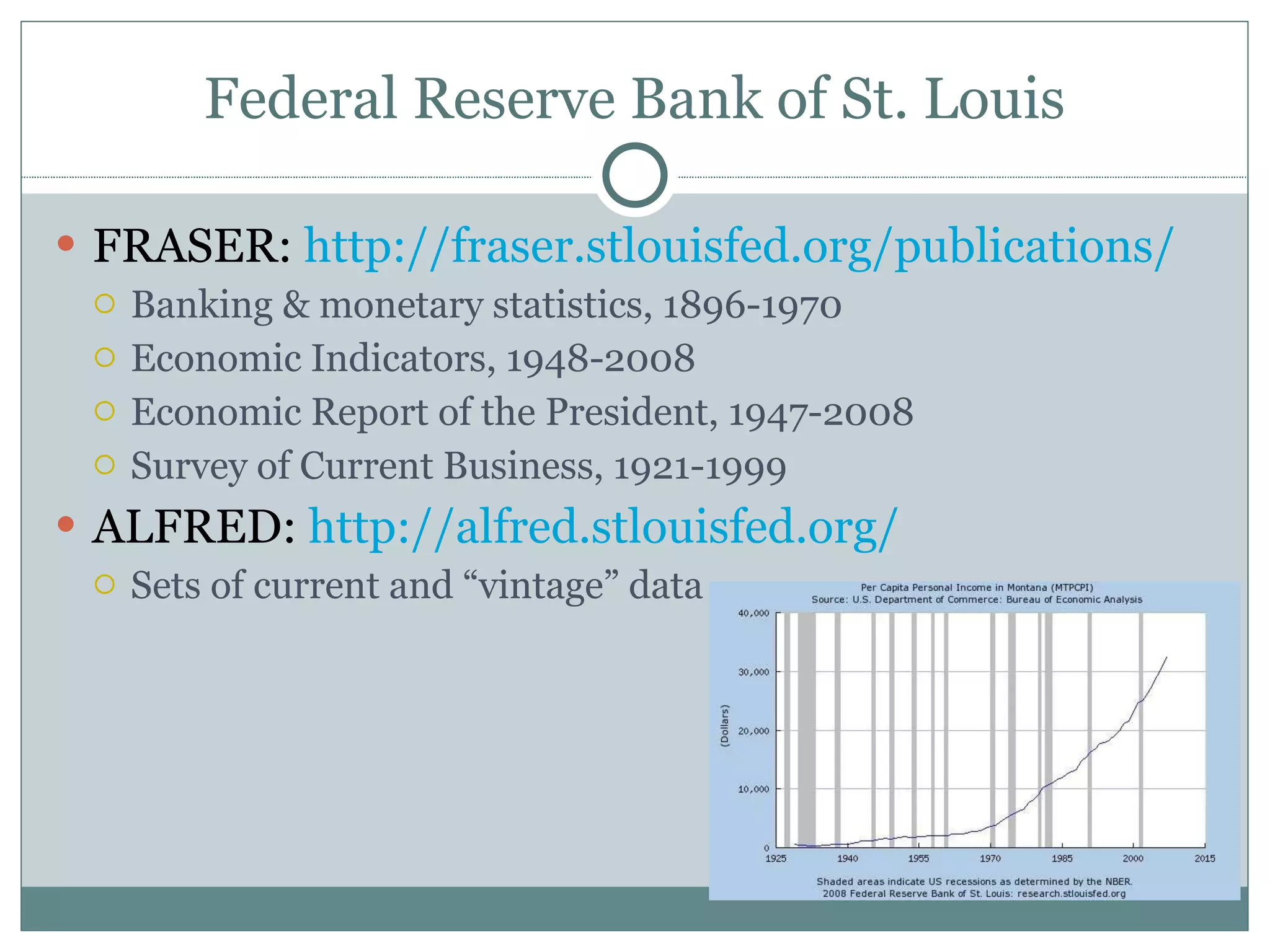 Federal Reserve Bank of St. Louis FRASER:  http://fraser.stlouisfed.org/publications/   Banking & monetary statistics, 1896-1970 Economic Indicators, 1948-2008 Economic Report of the President, 1947-2008 Survey of Current Business, 1921-1999 ALFRED:  http://alfred.stlouisfed.org/ Sets of current and “vintage” data 