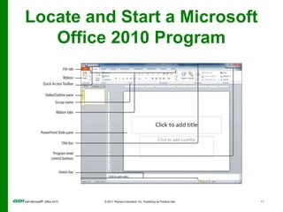 Enter and Edit Text in an Office 2010 ProgramAll Office 2010 programs require some typed text.Your keyboard is the primary method of entering information into your computer.Techniques to edit—make changes to—text are similar among all Office 2010 programs.