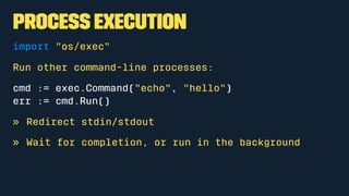 Process Execution
import "os/exec"
Run other command-line processes:
cmd := exec.Command("echo", "hello")
err := cmd.Run()
» Redirect stdin/stdout
» Wait for completion, or run in the background
 