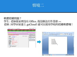 情境二
軟體授權問題 ?
學生 : 老師我家裡沒有 Office, 我沒辦法打作業耶 ><
老師 : 同學回家連上 goCloud! 就可以使用學校的授權軟體囉 !
 