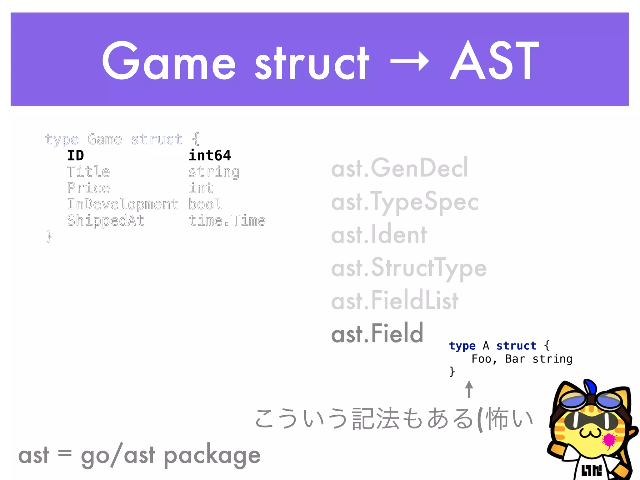 Game struct → AST
type Game struct { 
ID int64 
Title string 
Price int 
InDevelopment bool 
ShippedAt time.Time 
}
ast = go/ast package
ast.GenDecl
ast.TypeSpec
ast.Ident
ast.StructType
ast.FieldList
ast.Field type A struct { 
Foo, Bar string 
}
こういう記法もある(怖い
 