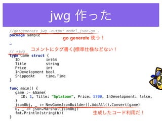 //go:generate jwg -output model_json.go . 
package sample 
 
…
 
// +jwg 
type Game struct { 
ID int64 
Title string 
Price int 
InDevelopment bool 
ShippedAt time.Time 
} 
 
func main() { 
game := &Game{ 
ID: 1, Title: "Splatoon", Price: 5700, InDevelopment: false, 
} 
jsonObj, _ := NewGameJsonBuilder().AddAll().Convert(game) 
b, _ := json.Marshal(jsonObj) 
fmt.Println(string(b)) 
}
go generate 使う！
コメントにタグ書く(標準仕様などない！
生成したコード利用だ！
jwg 作った
 