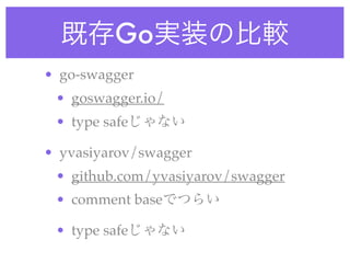 既存Go実装の比較
• go-swagger
• goswagger.io/
• type safeじゃない
• yvasiyarov/swagger
• github.com/yvasiyarov/swagger
• comment baseでつらい
• type safeじゃない
 