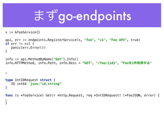 まずgo-endpoints
s := &fooService{} 
 
api, err := endpoints.RegisterService(s, "foo", "v1", "Foo API", true) 
if err != nil { 
panic(err.Error()) 
} 
 
info := api.MethodByName("Get").Info() 
info.HTTPMethod, info.Path, info.Desc = “GET", "/foo/{id}", “Fooを1件取得する"
…
type IntIDRequest struct { 
ID int64 `json:"id,string"` 
} 
func (s *fooService) Get(r *http.Request, req *IntIDRequest) (*FooJSON, error) {
…
}
 