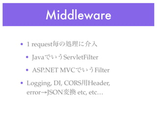 Middleware
• 1 request毎の処理に介入
• JavaでいうServletFilter
• ASP.NET MVCでいうFilter
• Logging, DI, CORS用Header,
error→JSON変換 etc, etc…
 