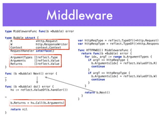 Middleware
type MiddlewareFunc func(b *Bubble) error
type Bubble struct { 
R *http.Request 
W http.ResponseWriter 
Context context.Context 
RequestHandler interface{} 
 
ArgumentTypes []reflect.Type 
Arguments []reflect.Value 
Returns []reflect.Value 
} 
func (b *Bubble) Next() error {
… 
}
func (b *Bubble) do() error { 
hv := reflect.ValueOf(b.handler()) 
… 
 
b.Returns = hv.Call(b.Arguments) 
 
return nil 
}
var httpReqType = reflect.TypeOf((*http.Request)(
var httpRespType = reflect.TypeOf((*http.Response
func HTTPRWDI() MiddlewareFunc { 
return func(b *Bubble) error { 
for idx, argT := range b.ArgumentTypes { 
if argT == httpReqType { 
b.Arguments[idx] = reflect.ValueOf(b.R) 
continue 
} 
if argT == httpRespType { 
b.Arguments[idx] = reflect.ValueOf(b.W) 
continue 
} 
} 
 
return b.Next() 
} 
}
 