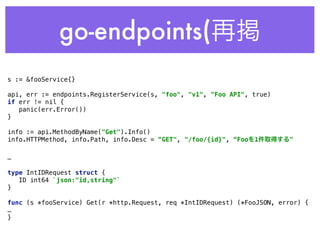 go-endpoints(再掲
s := &fooService{} 
 
api, err := endpoints.RegisterService(s, "foo", "v1", "Foo API", true) 
if err != nil { 
panic(err.Error()) 
} 
 
info := api.MethodByName("Get").Info() 
info.HTTPMethod, info.Path, info.Desc = “GET", "/foo/{id}", “Fooを1件取得する"
…
type IntIDRequest struct { 
ID int64 `json:"id,string"` 
} 
func (s *fooService) Get(r *http.Request, req *IntIDRequest) (*FooJSON, error) {
…
}
 