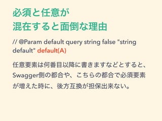  
// @Param default query string false "string
default" default(A)
Swagger
 
