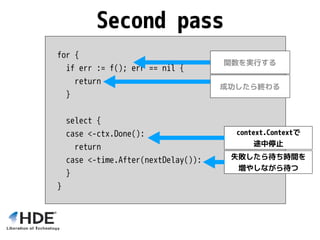 for {
if err := f(); err == nil {
return
}
select {
case <-ctx.Done():
return
case <-time.After(nextDelay()):
}
}
Second pass
関数を実行する
成功したら終わる
失敗したら待ち時間を
増やしながら待つ
context.Contextで
途中停止
 