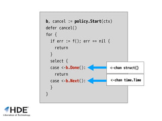 b, cancel := policy.Start(ctx)
defer cancel()
for {
if err := f(); err == nil {
return
}
select {
case <-b.Done():
return
case <-b.Next():
}
}
<-chan time.Time
<-chan struct{}
 
