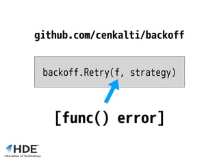 github.com/cenkalti/backoff
backoff.Retry(f, strategy)
[func() error]
 