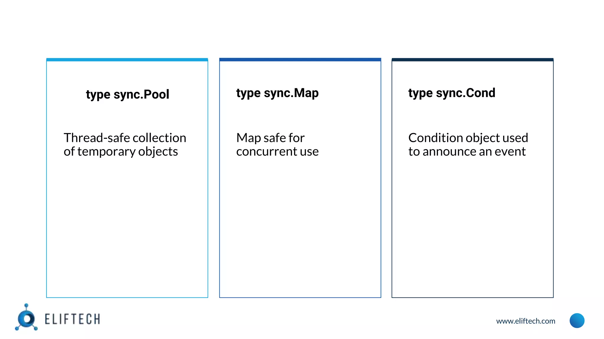 www.eliftech.com
type sync.Pool type sync.Map type sync.Cond
Thread-safe collection
of temporary objects
Map safe for
concurrent use
Condition object used
to announce an event
 