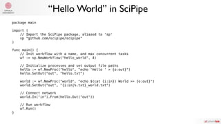 “Hello World” in SciPipe
package main
import (
// Import the SciPipe package, aliased to 'sp'
sp "github.com/scipipe/scipi...