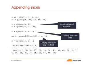 Appending slices
s := []int{1, 3, 6, 10}!
t := []int{36, 45, 55, 66, 78}!
!
s = append(s, 15)!
Adding	
  individual	
  
el...